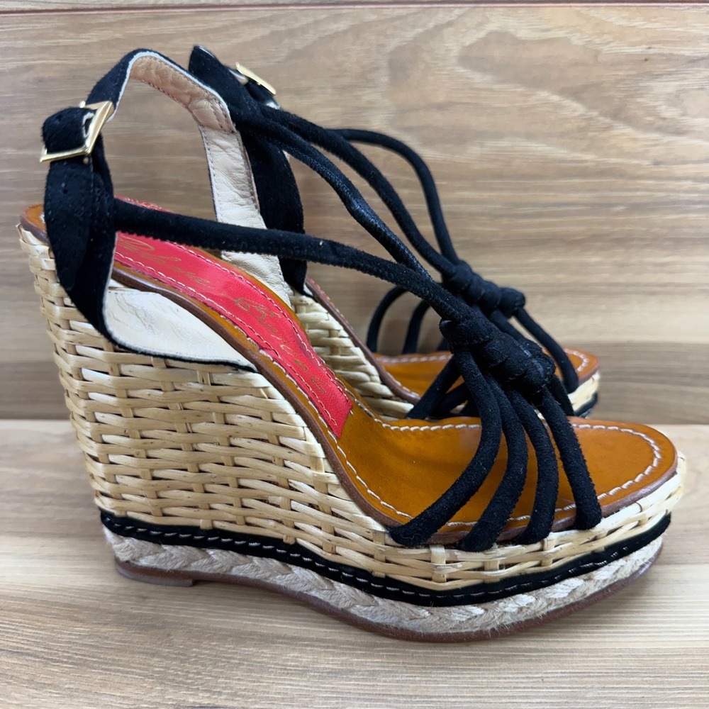 Paloma Barcelo Espadrille Wedge 8 EU 38 Black Suede Knot Straw Raffia Platform